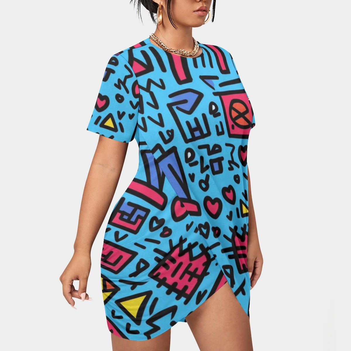 Place Your  Print Women’s Stacked Hem Dress With Short Sleeve（Plus Size）