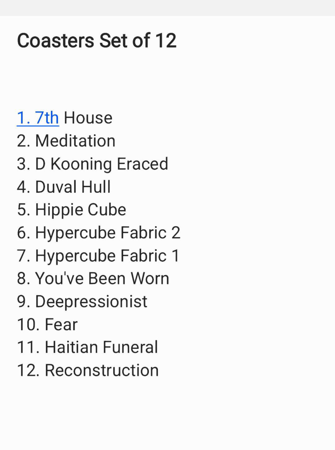 "Deepressionist coasters" . (Set of 12) By: Overstreet Ducasse