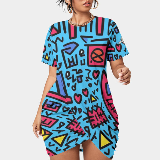 Place Your  Print Women’s Stacked Hem Dress With Short Sleeve（Plus Size）