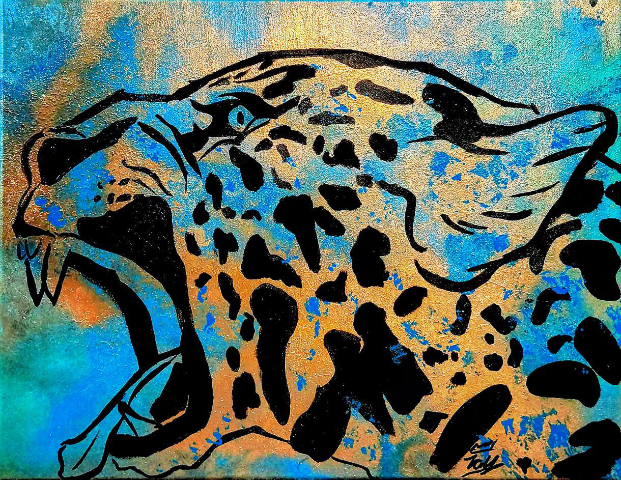 "Golden Jag"  By Isaiah Fallon 16x20 inch Spray paint and Acrylic  2026