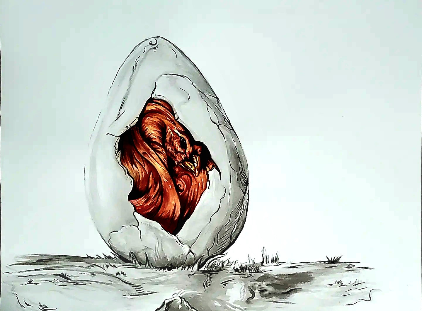 'Birth of a Baby Phoenix' 18x24 , watercolor over ink, 2024 By Animus