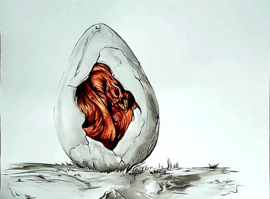 'Birth of a Baby Phoenix' 18x24 , watercolor over ink, 2024 By Animus
