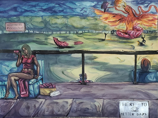'Celebrate the Phoenix' 18x24 , watercolor & ink, 2024 By 'Animus'