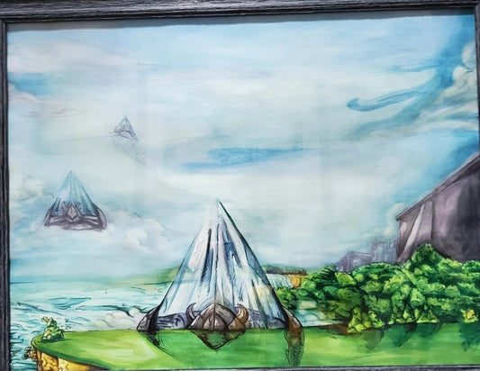 'Observers Over the Horizon' ink & watercolor 18x24 framed By Animus