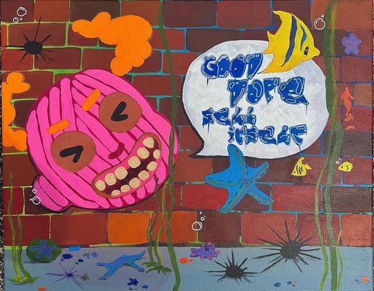 'sum to talk about' By Amel 'Beandoddle' Dockery  oil, acrylic, and marker on stretched canvas  20x 16in 2023