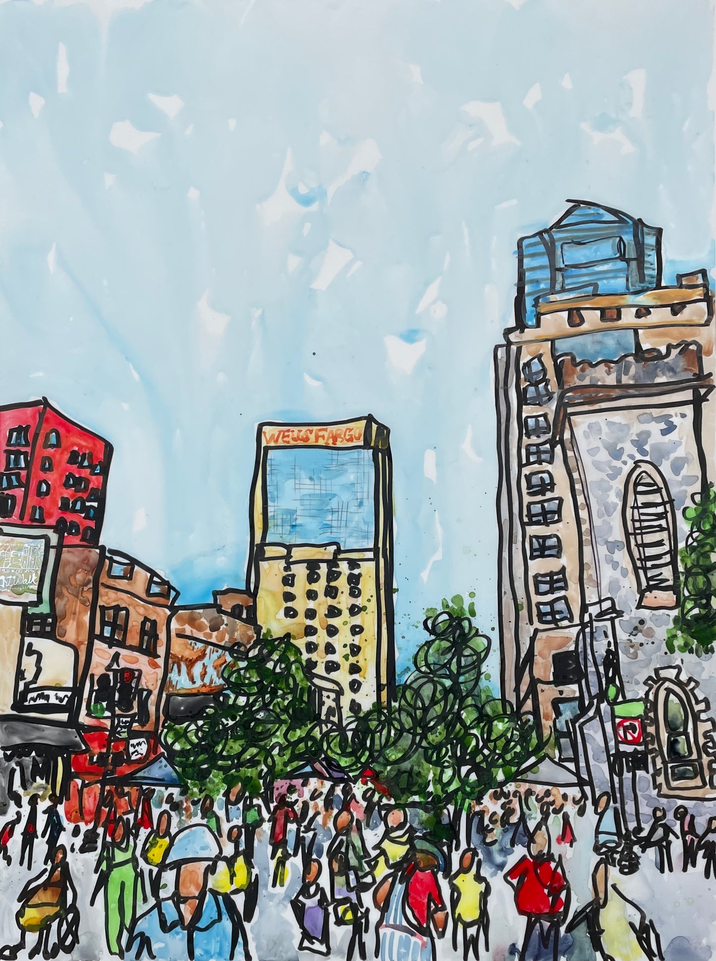 “Art Walk”,  By Teresa Cook 18” x 24”, Watercolor and Ink on Yupo paper, 2023
