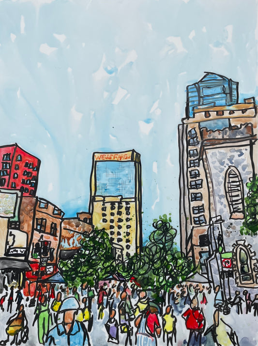 “Art Walk”,  By Teresa Cook 18” x 24”, Watercolor and Ink on Yupo paper, 2023