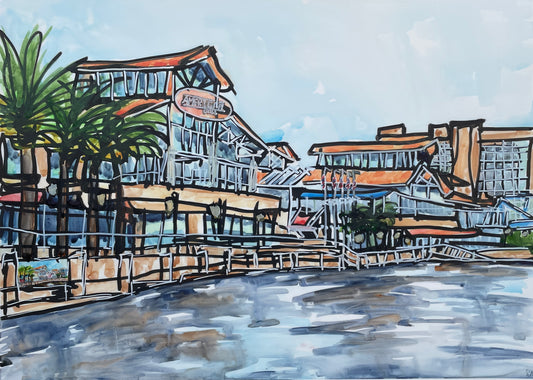 “Jacksonville Landing with Tiny”,  By: Teresa Cook 18” x 24”, Watercolor on Yupo paper, 2023