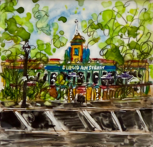 “European Street Cafe”,  By: Teresa Cook 4” x 4”, Watercolor on Yupo paper, 2025